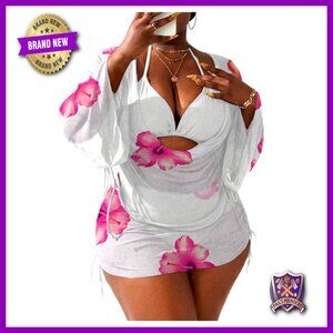 Plus Size 4-Piece Bikini Set with Cover Up Floral Swimsuit